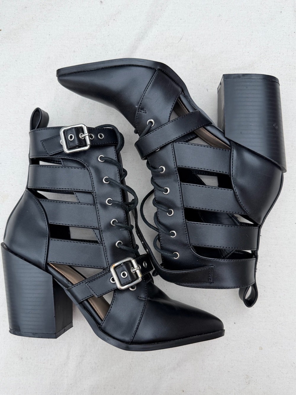 Black Strappy cut out Lace-Up Block Heel Ankle Booties